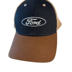 Ford Logo Adjustable Curved Bill Navy Blue & Tan Mesh Trucker Snapback Hat Cap